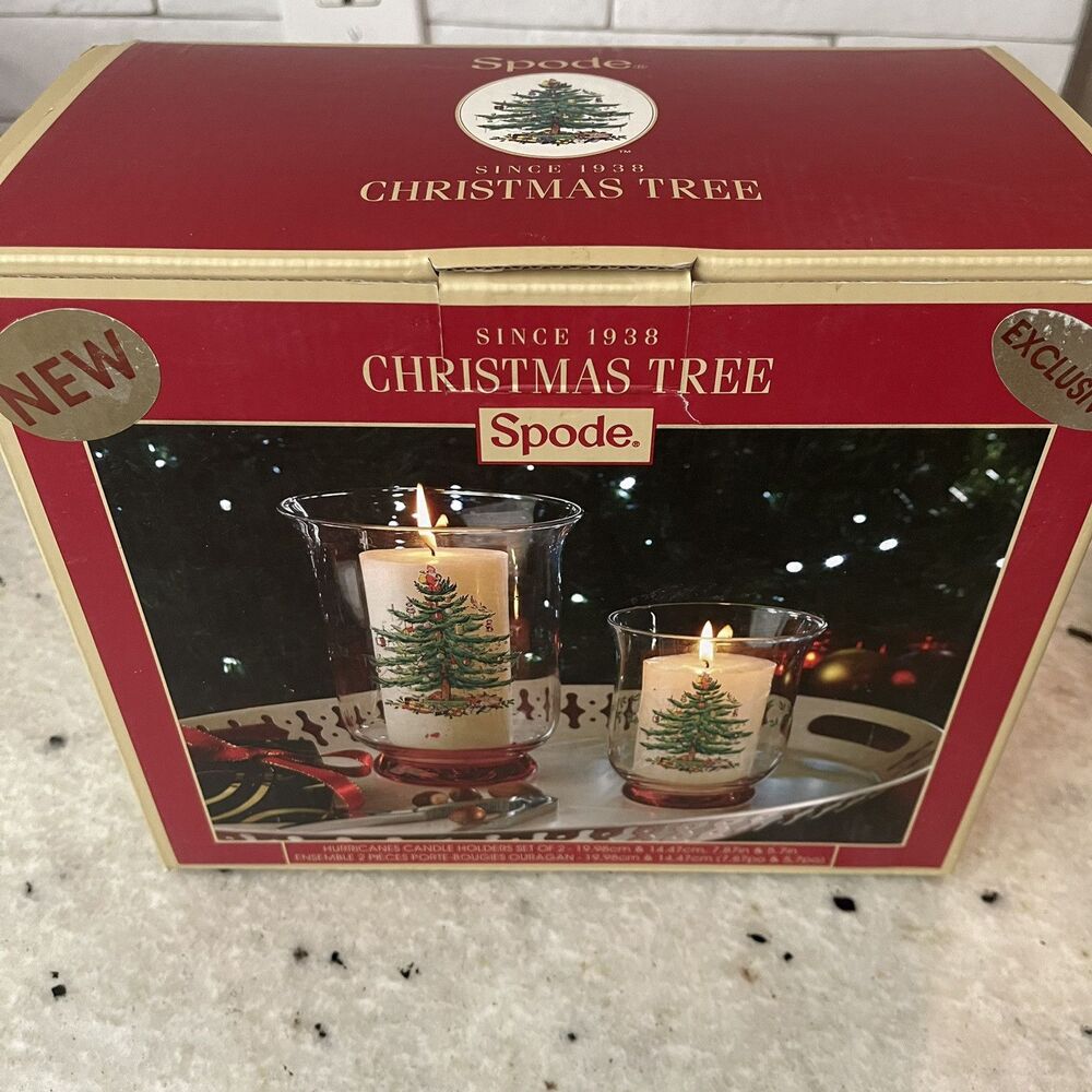 NEW in box SPODE Christmas Tree Set Of 2 Hurricane Candle Holders